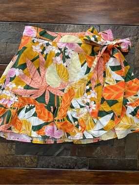 aerie Tropical Print Tie-Waist Mini Skirt in Orange, Green & Pink